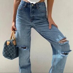 I AM GIA Alessia Wide Leg Jeans Mid Wash Distressed Denim, size XXS